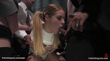 Play Blonde pigtailed teen group public sex